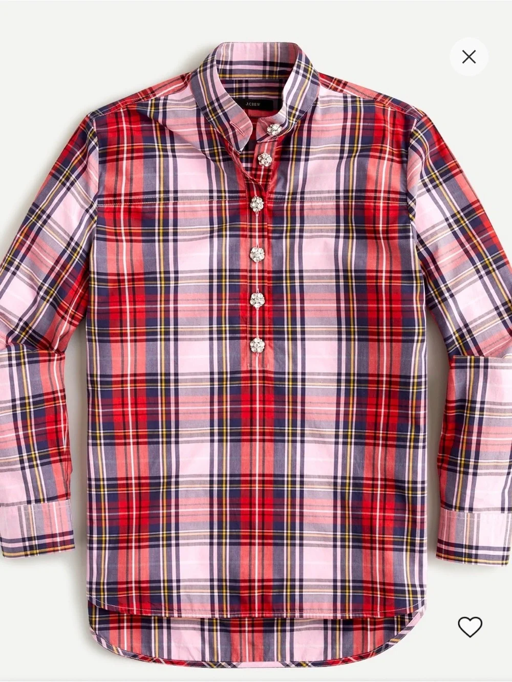 J.Crew Pink Stewart Tartan Band-Collar Popover Blouse NWT Jeweled Buttons 16